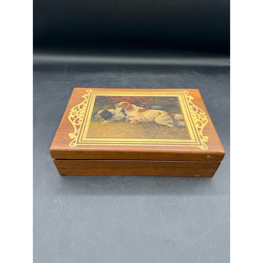 VTG Wooden Jewelry Box- Hunting Dog-9"x 6" Large Keepsake Trinket Case